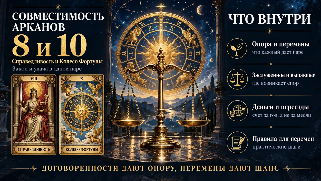 Совместимость арканов 8 и 10: Справедливость и Колесо Фортуны, что внутри разбора пары