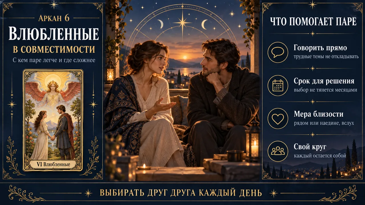 6 аркан Влюбленные в совместимости: что помогает паре, говорить прямо, срок для решения, мера близости, свой круг
