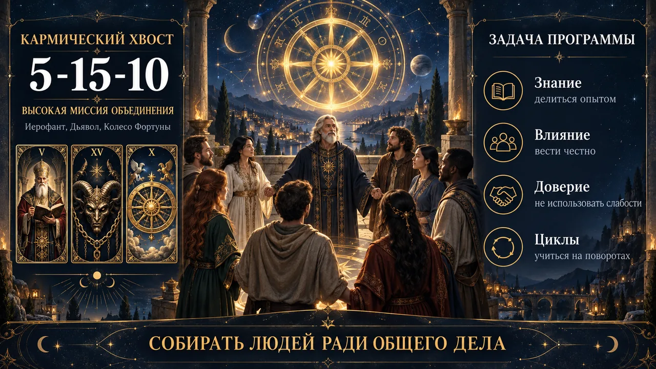 Кармический хвост 5-15-10: Иерофант, Дьявол и Колесо Фортуны, высокая миссия объединения, задача собирать людей ради общего дела