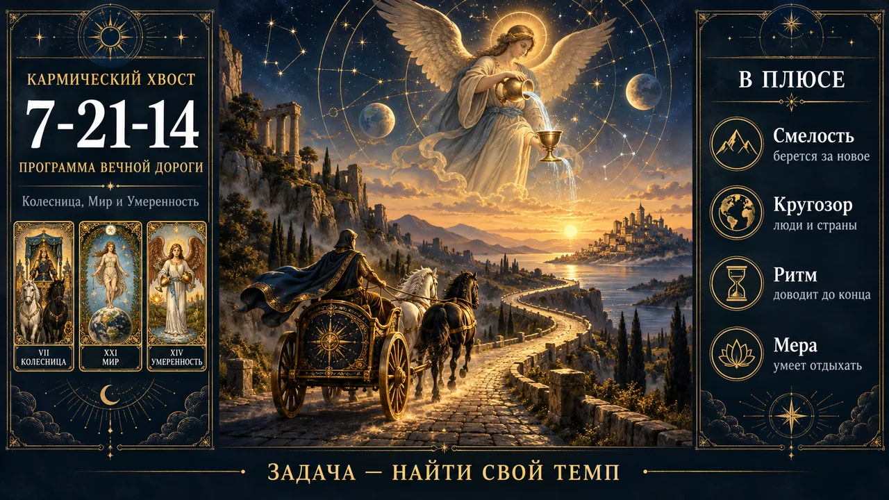 Кармический хвост 7-21-14: Колесница, Мир и Умеренность, программа вечной дороги, задача найти свой темп