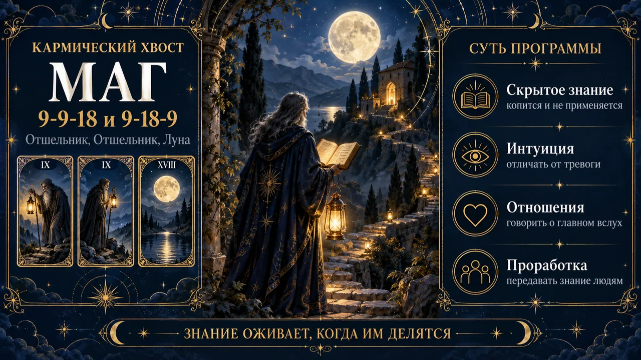 Кармический хвост 9-9-18 и 9-18-9, программа Маг: Отшельник, Отшельник и Луна, скрытое знание, интуиция, отношения, проработка